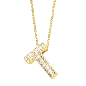 Macro detail of gold letter T pendant necklace featuring micro-pave round zircons