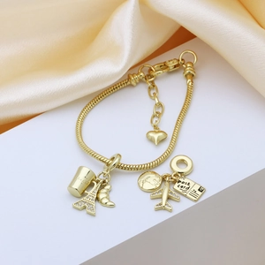 18k gold plated adjustable bracelet featuring travel charms like Eiffel Tower and airplane