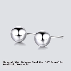 Close-up of 10mm high-polished stainless steel ball earrings with a mirror finish
