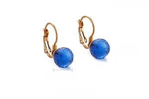 Detailed view of 10mm dark blue faceted crystal ball earrings with gold stainless steel hooks