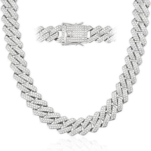 Collier à maillons cubains argentés Hip Hop avec cristaux et fermoir à boîte sécurisé