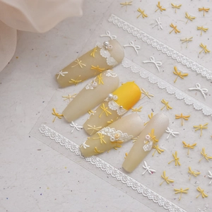 5D Geprägte Nagelkunst Aufkleber Libelle Und Spitze Schleifen Muster Selbstklebende Maniküre Dekoration Für Damen