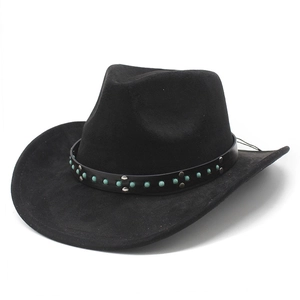 Detail of western suede hat with leather band, turquoise beads and silver metal rivets