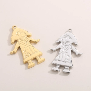 Detail of polished boy and girl metal pendants in gold and silver finish for necklaces