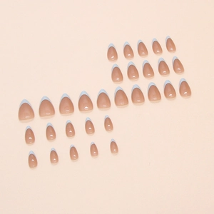 Classic almond French press-on nails set in nude pink with white tips, 24 pieces pack
