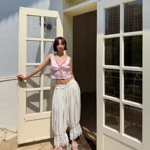 Damen Laternenhose Hohe Taille Spitze Locker Pluderhose Tunnelzug Lässig Urlaub Süß Streetwear Weiß Leicht