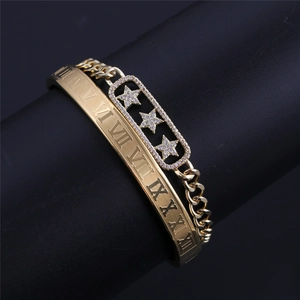 Gold double-layer star bracelet set with Roman numeral engraved open cuff and zircon stars