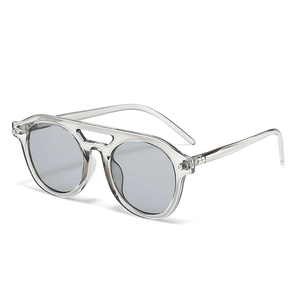 Retro double-bridge round sunglasses with transparent grey frames and grey lenses