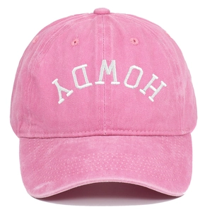 Close-up of Howdy embroidery on vintage washed pink cotton denim baseball cap