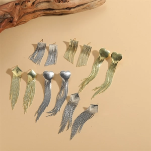 Minimalist heart and geometric tassel long drop earrings in gold and silver finish
