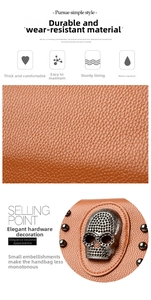 Detail of waterproof textured leather bag with punk skull hardware and metal studs