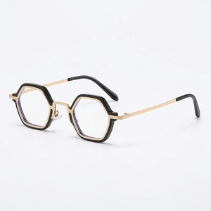 Occhiali esagonali vintage anti luce blu con montatura in metallo nero e oro