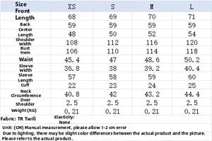 Detailed size chart for twill long sleeve shirt showing XS to L measurements in CM