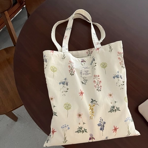 Floral Print Cotton Canvas Tote Bag Large Capacity Crossbody Shoulder Bag For Women Pastoral Style Handbag