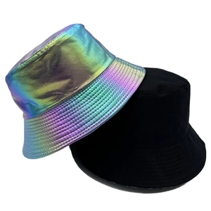 Unisex holographic laser and classic black canvas bucket hats for outdoor sun protection