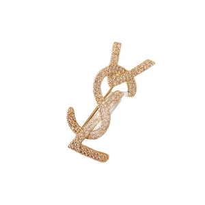 Elegant gold 14k plated YSL logo brooch with sparkling rhinestones for vintage suits