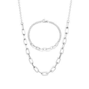 Polished stainless steel jewelry set featuring a paperclip chain necklace and layered bracelet