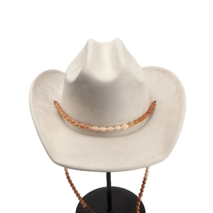 Chapeau de cowboy beige en suède avec perles ethniques et mentonnière réglable