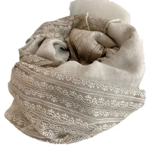 Beige cotton linen scarf with elegant floral lace trim edge for women's fashion