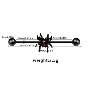 Detail view of black industrial barbell with red zircon spider and precise measurements