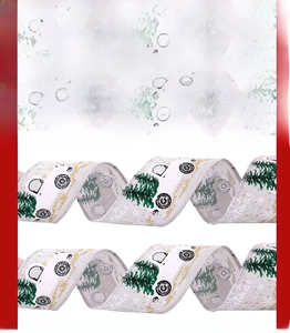 Close-up of white Christmas faux linen ribbon with green trees and Merry Christmas text