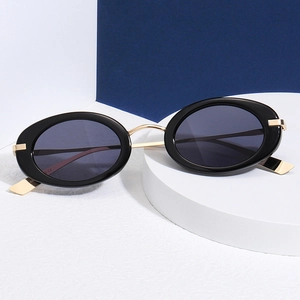 Retro oval Y2K sunglasses with black frames and gold metal temples on a modern display