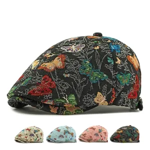 Butterfly Jacquard Beret Hat Retro British Style Colorful Embroidery Adjustable Ivy Cap Newsboy Hat For Women