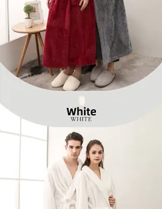 Detailed waffle texture of thick white plush bathrobe with matching home slippers