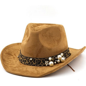 Chapeau De Cowboy Western Daim Synthétique Bande Léopard Künstliche Perles Artificielles Rivets Métalliques Bord Large Style Jazz Rétro