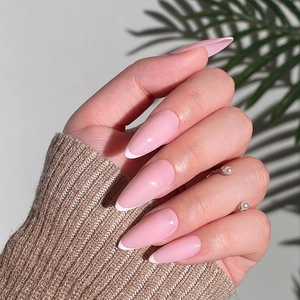 Press On Nails Long Almond Shape French Tips Pink Jelly Glossy False Fingernails For Women Daily Manicure Elegant Style