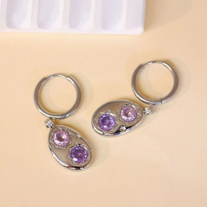 Vintage stainless steel hoop earrings with purple gemstone oval pendants for women