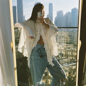 French Style Ruffle Chiffon Blouse For Women Long Sleeve Flare Sleeve Mock Neck Elegant Vintage Solid Shirt