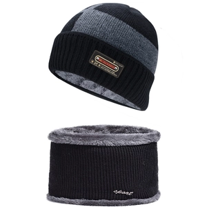 Knit Beanie Hat And Neck Warmer Fleece Lined Thickened Warm Winter Outdoor Striped Color Block For Men