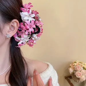 Grande Pince À Cheveux Fleur Tissu Satin Florale Douce Rose Blanc Acrylique Accessoire Mode Pour Femmes Élégant Fait Main