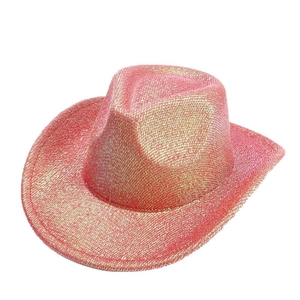 Pink glittery western cowboy hat with sparkling gold sequins and wide curved brim