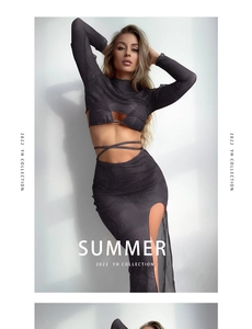 Detail of gray marble print mesh long sleeve top and high slit skirt two-piece set