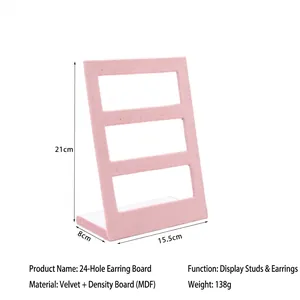 Pink velvet 24-hole earring display board with dimensions 21x8x15.5cm for jewelry storage
