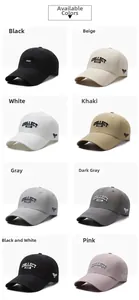 Detail showing eight available colors of mesh baseball caps with custom 3D embroidery