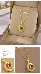 Macro detail of gold moon necklace with sparkling crystals and projection stone pendant