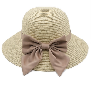 Cappello di paglia con fiocco marrone, elegante cappello da spiaggia beige