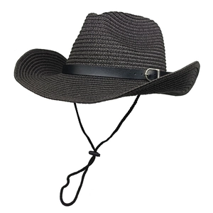 Classic black woven western cowboy straw hat with silver buckle and adjustable chin strap