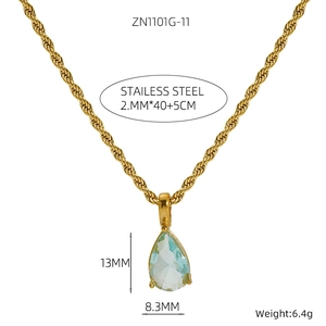 Detailed specs of 2mm rope chain with a blue teardrop pendant in 18K gold plated steel