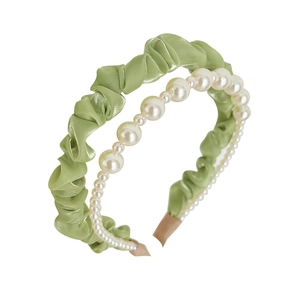 Elegant green mesh and double-row pearl headband with satin finish and white beads
