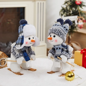 Christmas Snowman Plush Doll Blue Plaid Knitted Fabric Wood Skis Desktop Ornament Soft Holiday Skiing Snowman Figurine