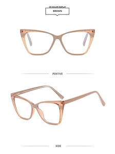 Detail view of transparent brown TR90 cat eye glasses frames showing positive and side angles