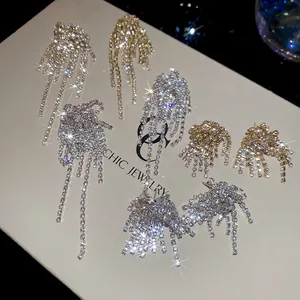Elegant long tassel rhinestone firework drop earrings in gold and silver finish