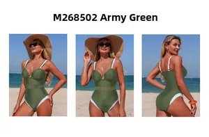Three-way view of army green one-piece swimsuit with mesh panels and white piping details