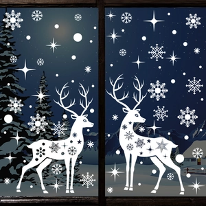 Christmas Window Stickers White Static Cling PVC Reindeer Snowflake Decals For Glass Festive Party Decor