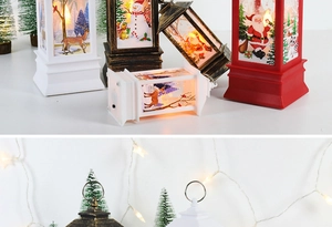Close-up of LED Christmas lanterns with Santa and snowman patterns in festive settings