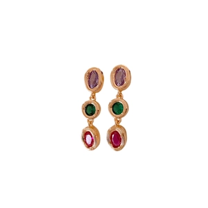 Vintage gold earrings with purple, green and red gemstones in a vertical drop design